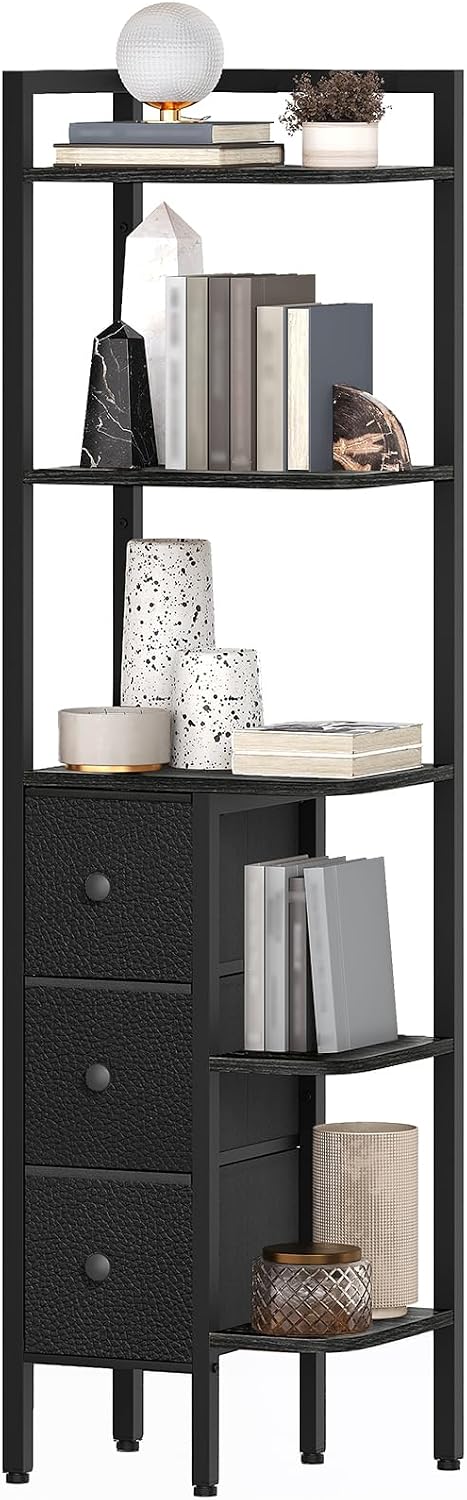 YATINEY 5-Tier Corner Shelf Stand, Corner Bookshelf with 3 Drawers, Black