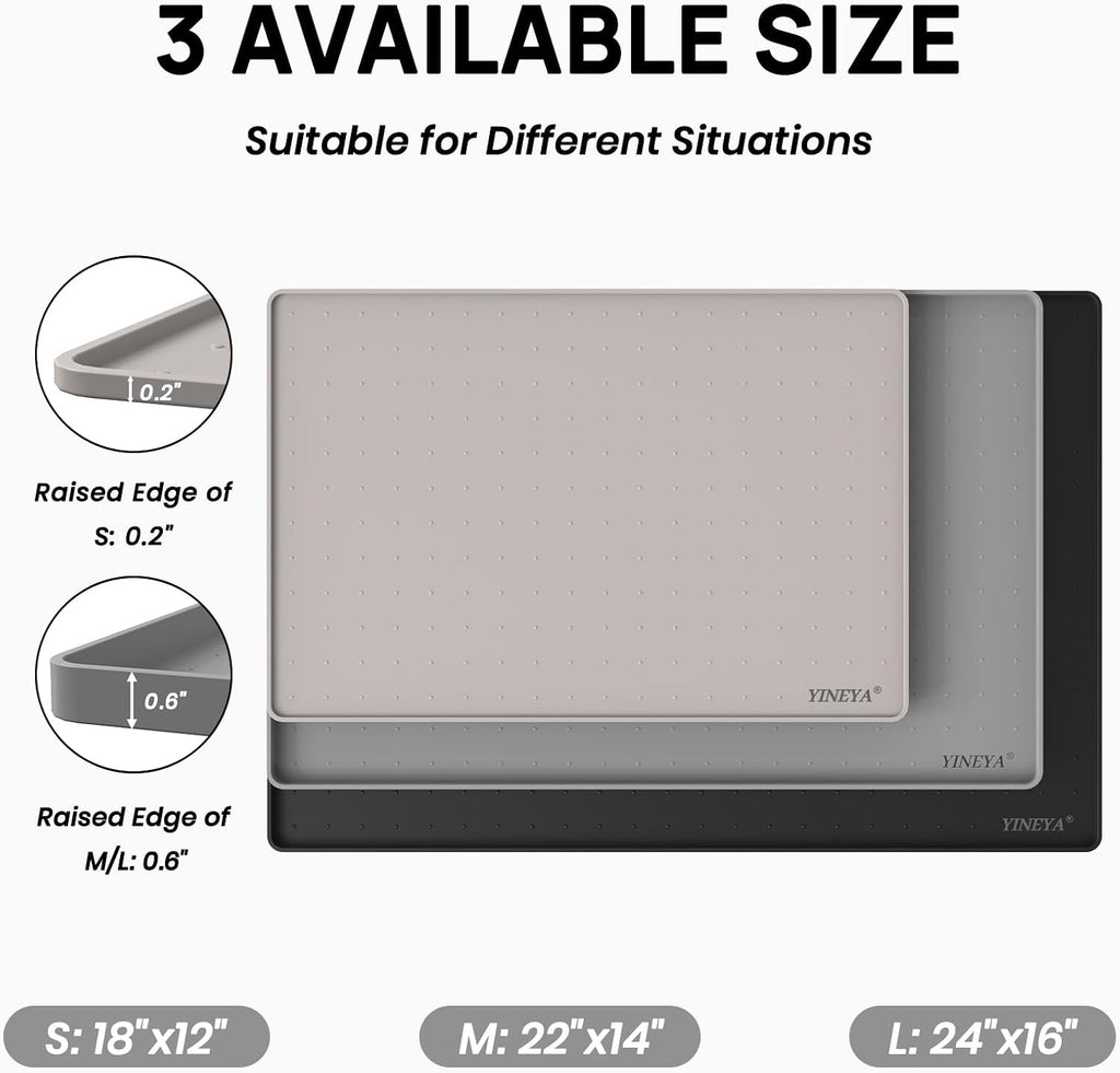 YINEYA 2 Pack Silicone Dog & Cat Food Mat Waterproof 18" x 12", Raised Edge Dog Bowl Mat for Food and Water, BPA-Free Non-Slip Pet Feeding Mats for Floors, Multifunctional Silicone Mat (Gray)