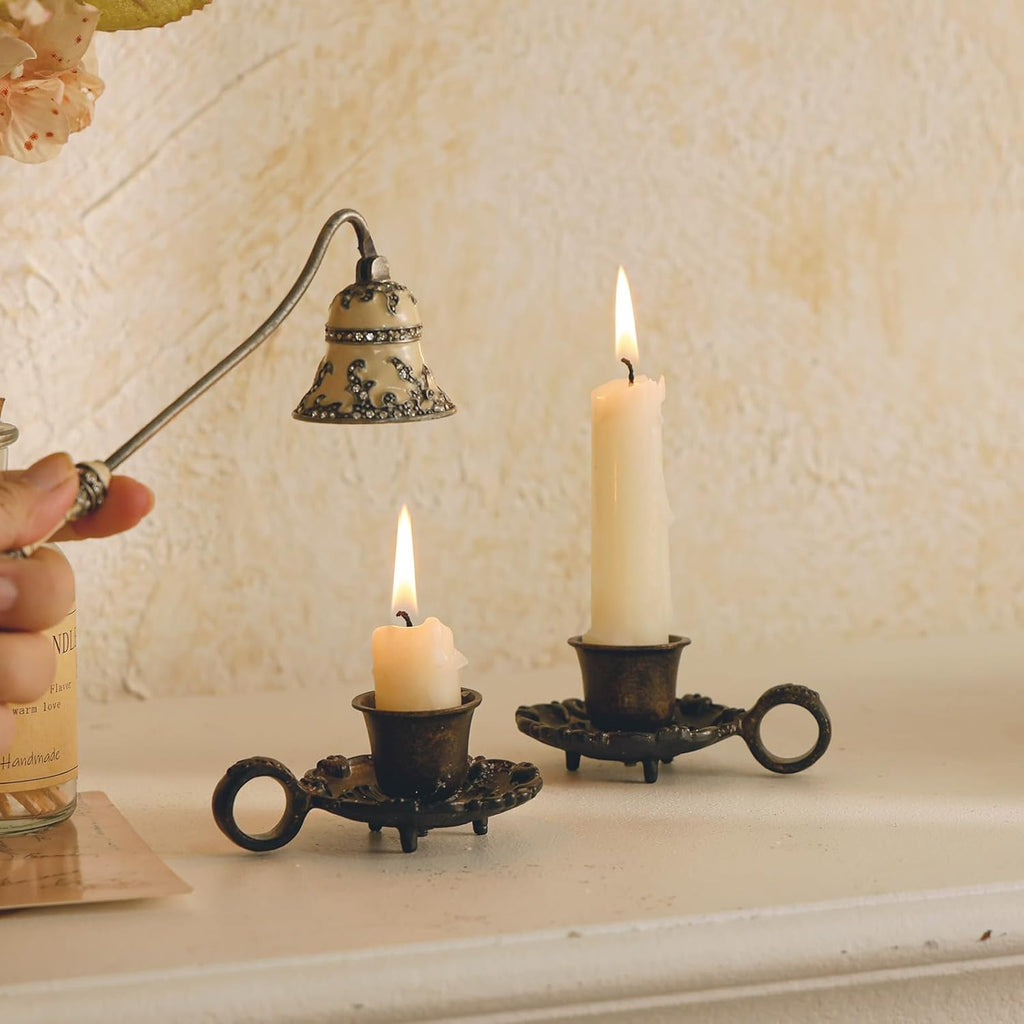 NIKKY HOME Vintage Small Brown Taper Candle Holders Set of 2, Handle Design