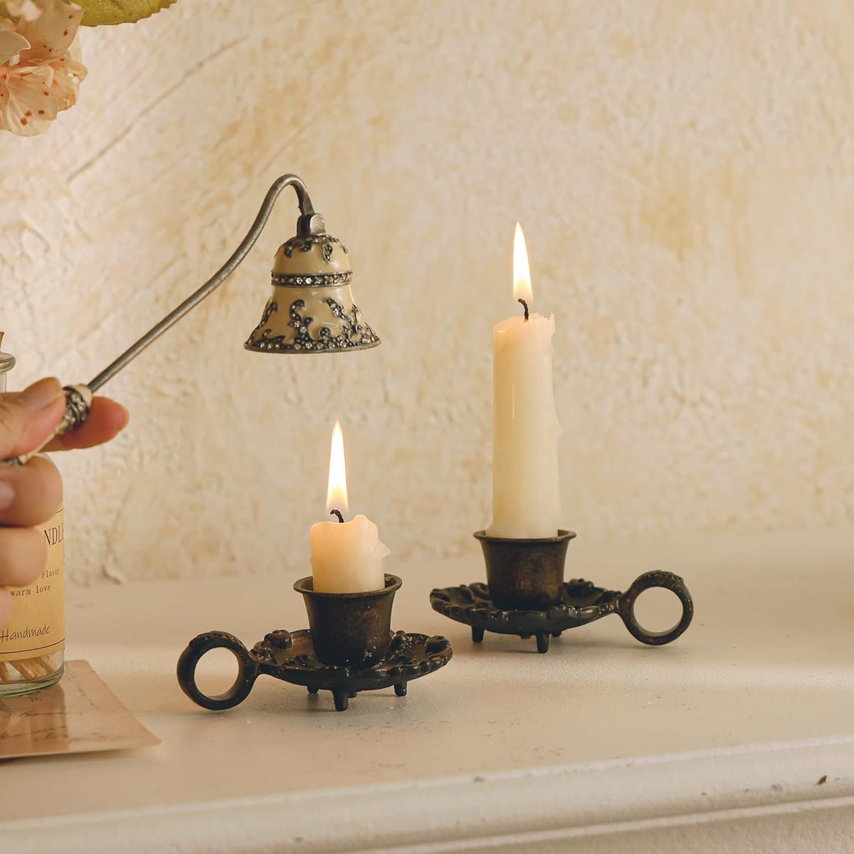 NIKKY HOME Vintage Small Brown Taper Candle Holders Set of 2, Handle Design