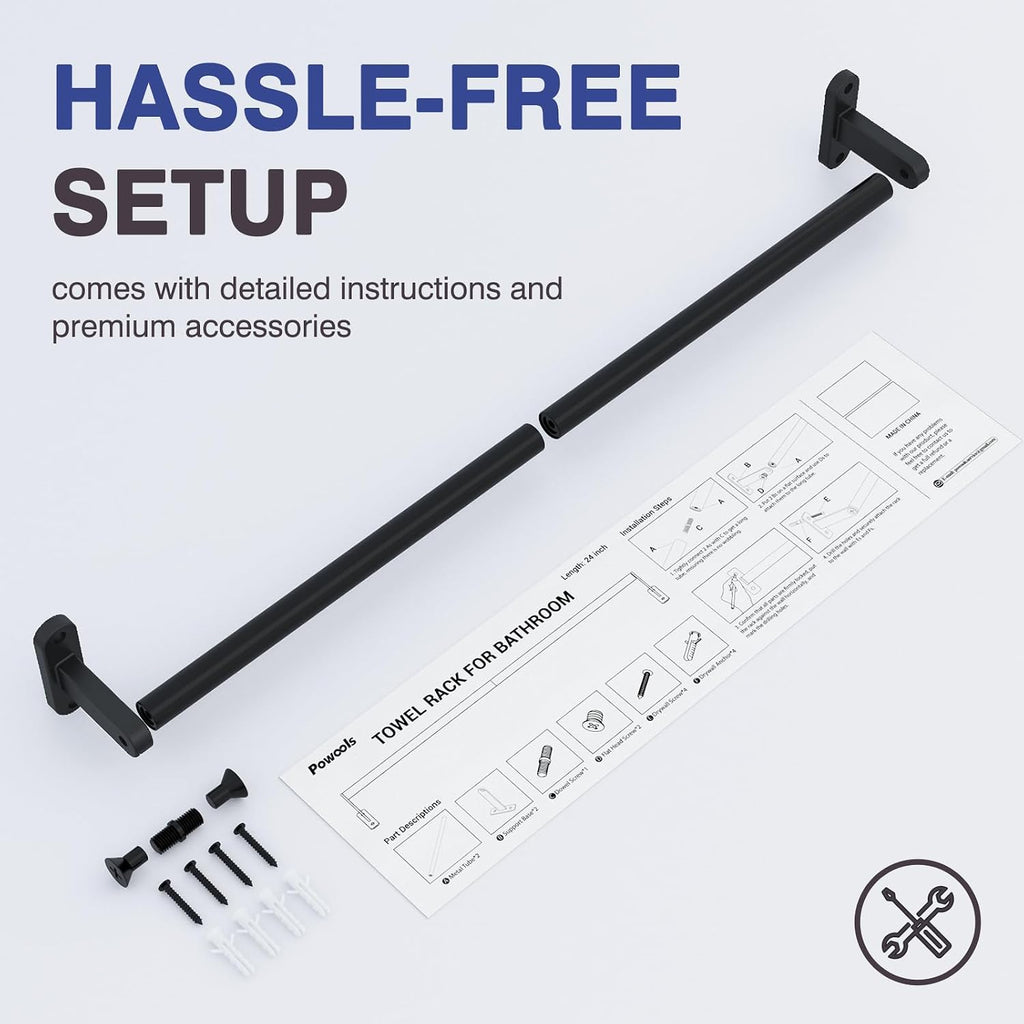 Powools Matte Black 24" Towel Rack, Rustproof Wall Mounted Towel Bar