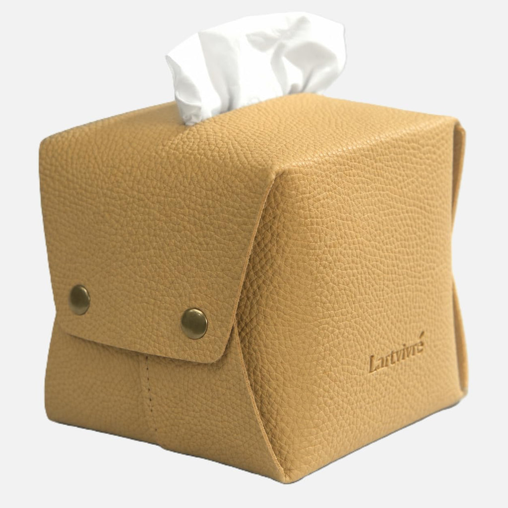 Grained Faux Leather Tissue Box Cover Square, Beige
