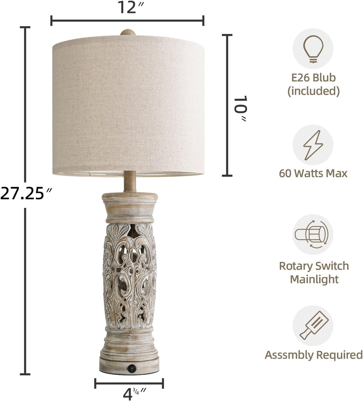 27.25”Farmhouse Table Lamps Set of 2 with Night Light, Rustic Bedside Lamp