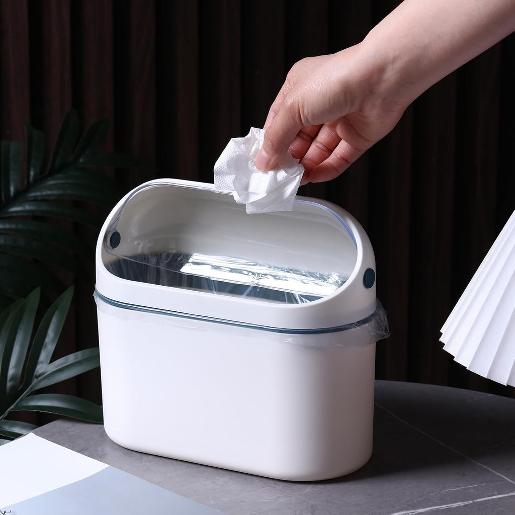 Bokon 2 Pack Mini Trash Can with Lid, 0.5 Gal Small Wall Mounted Trash Bin for Bathroom Vanity, Desk, Countertop, Cabinet Door and Office, Includes 120 Trashbags, White