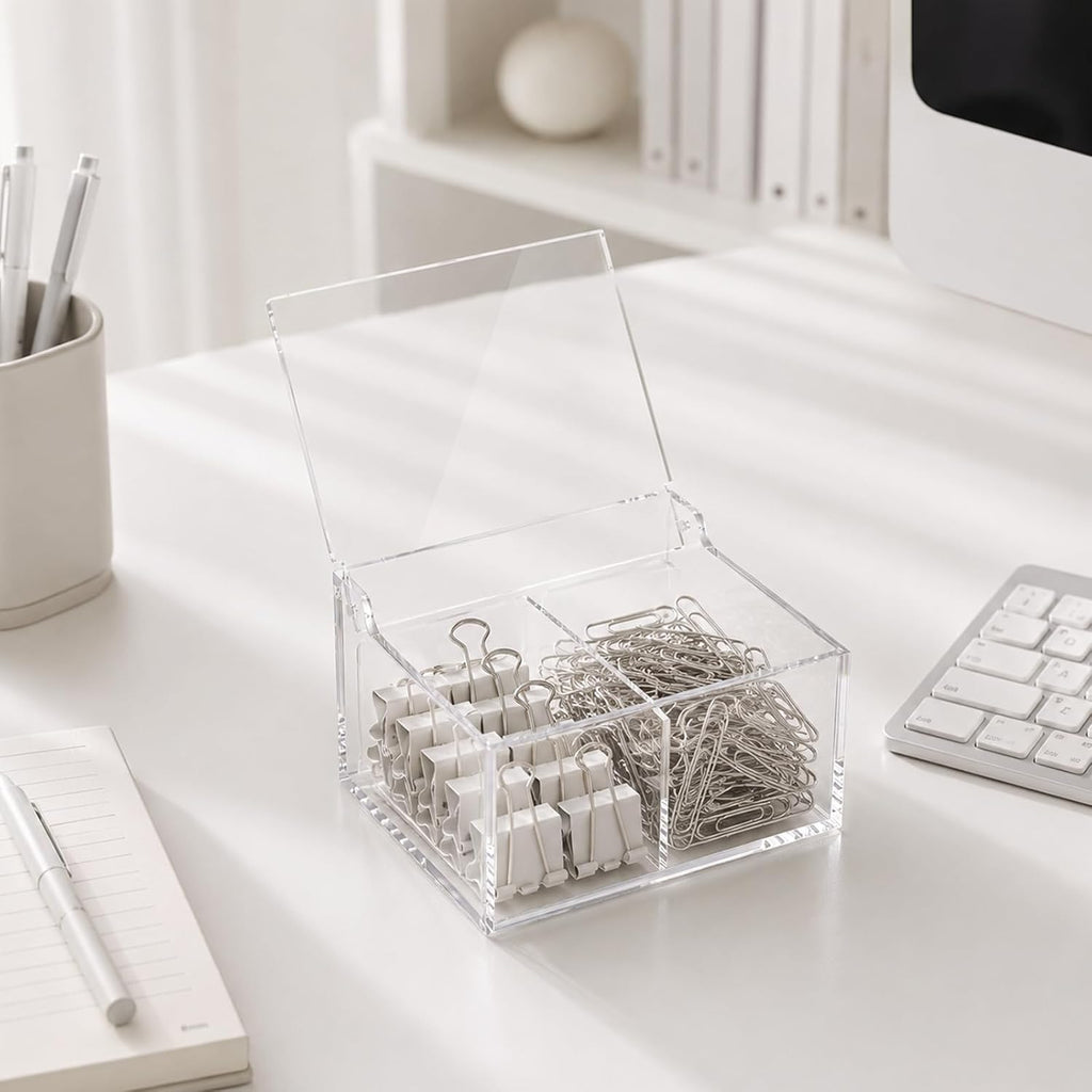 Clear Acrylic Qtip Holder Cotton Swab Ball Holder Qtip Organizer for Clean Skin Club Clean² Pads Cotton Pad and Swab Dispenser 2-Compartment with Flip-Top Lid, Bathroom Organizer