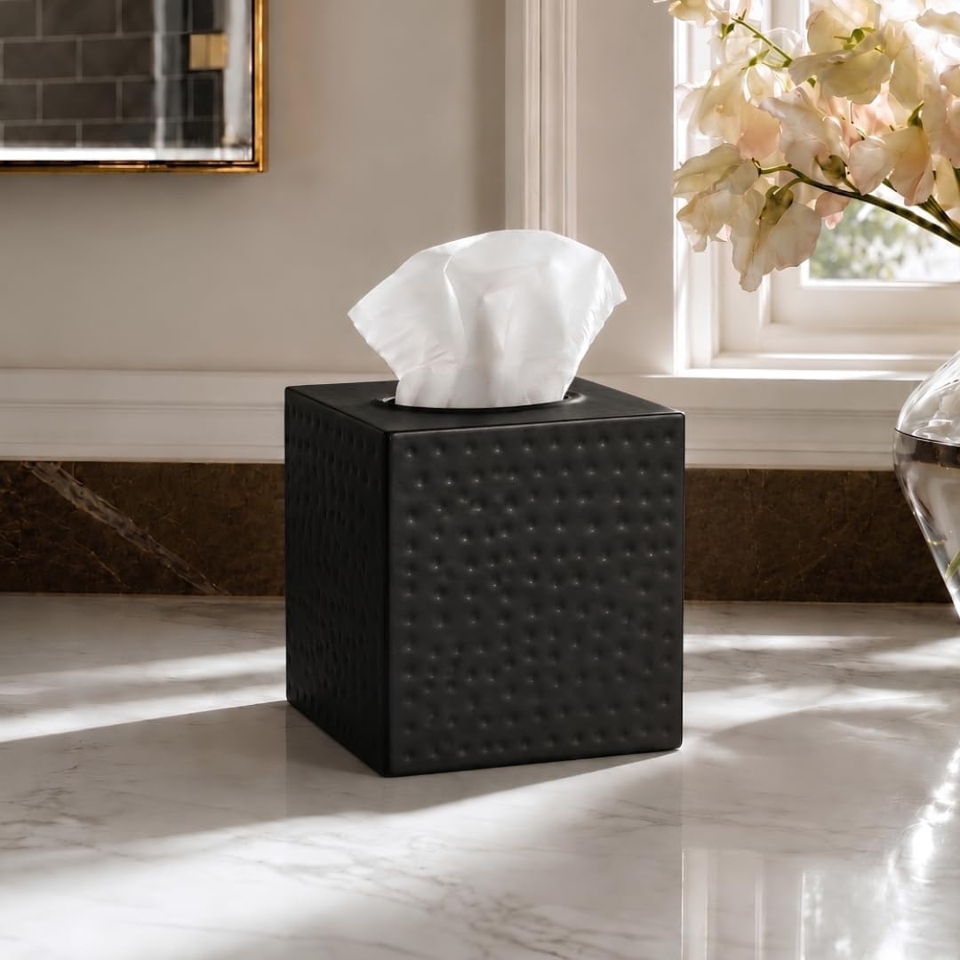 Monarch Abode Tissue Box Cover Square – Hand Hammered Black Metal Tissue Holder Box for Bathroom Accessory, Aesthetic Decorative Facial Napkin Cube for Modern Home Decor