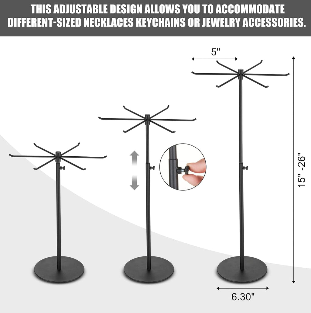 Rotating Keychain Display Stand - Height-adjustable Black Metal Jewelry Organizer - Long Necklace Display Stand with 6 Hook - Easy Clean, Scratch-resistant Display Racks for Craft Shows