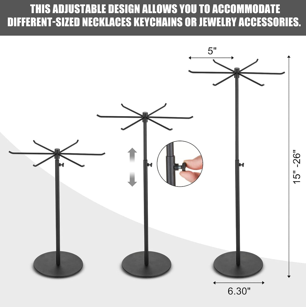 Rotating Keychain Display Stand - Height-adjustable Black Metal Jewelry Organizer - Long Necklace Display Stand with 6 Hook - Easy Clean, Scratch-resistant Display Racks for Craft Shows