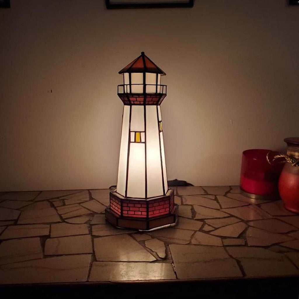Bieye L10626 Lighthouse Tiffany Style Stained Glass Accent Table Lamp Night Light for Home Decoration (6x6x12, Orange)