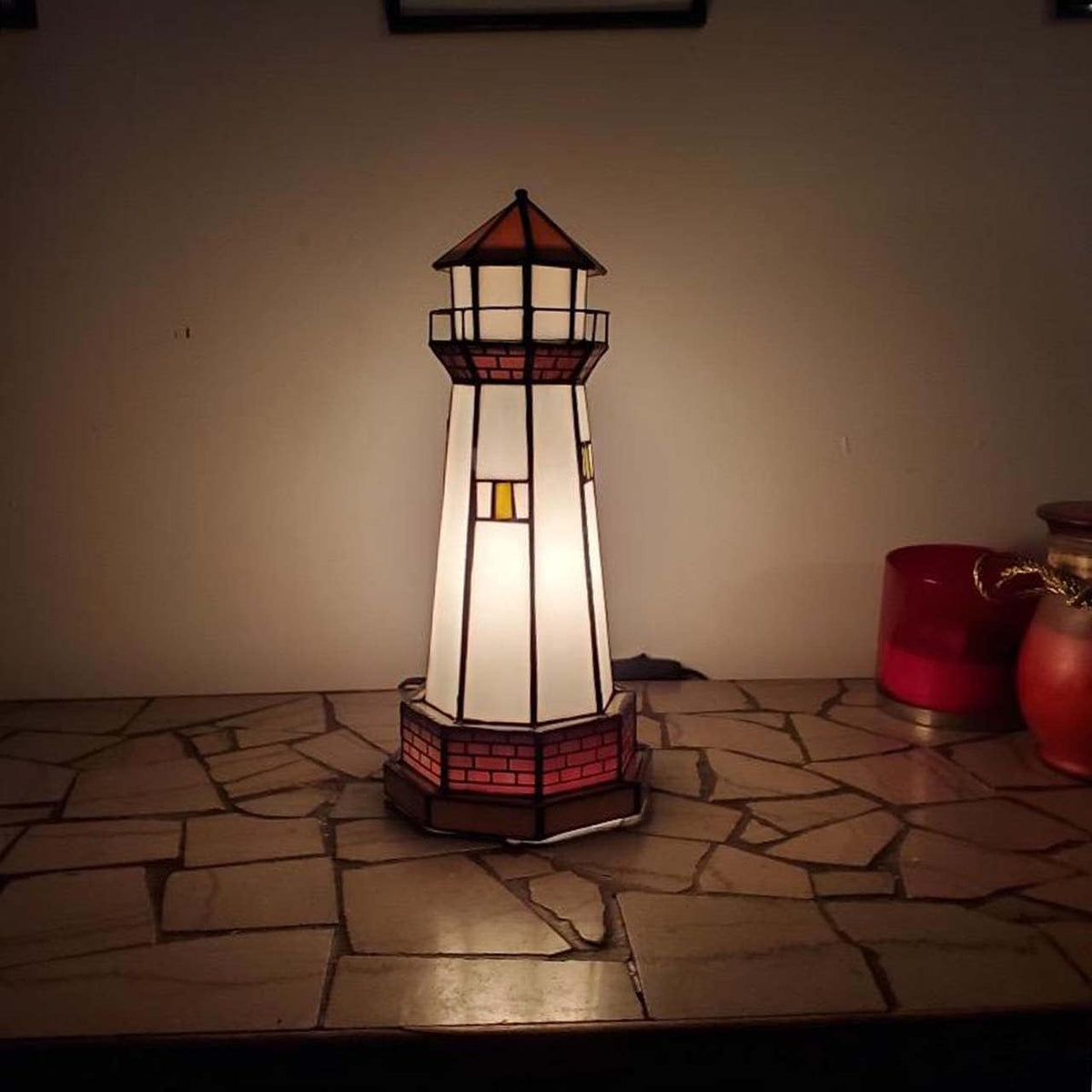 Bieye L10626 Lighthouse Tiffany Style Stained Glass Accent Table Lamp Night Light for Home Decoration (6x6x12, Orange)