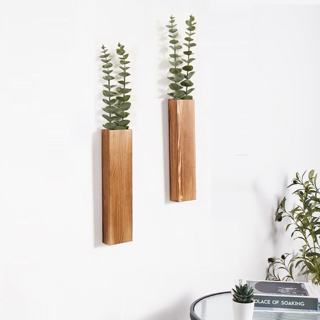 2 Pack Wood Wall Planters with Faux Eucalyptus Stems for Wall Decor