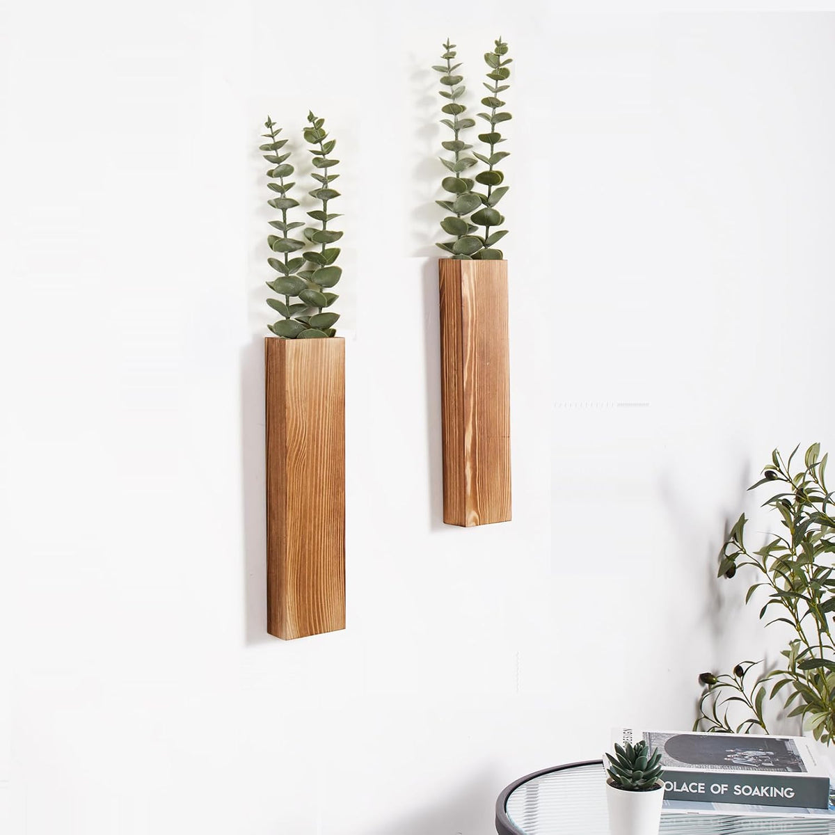 2 Pack Wood Wall Planters with Faux Eucalyptus Stems for Wall Decor