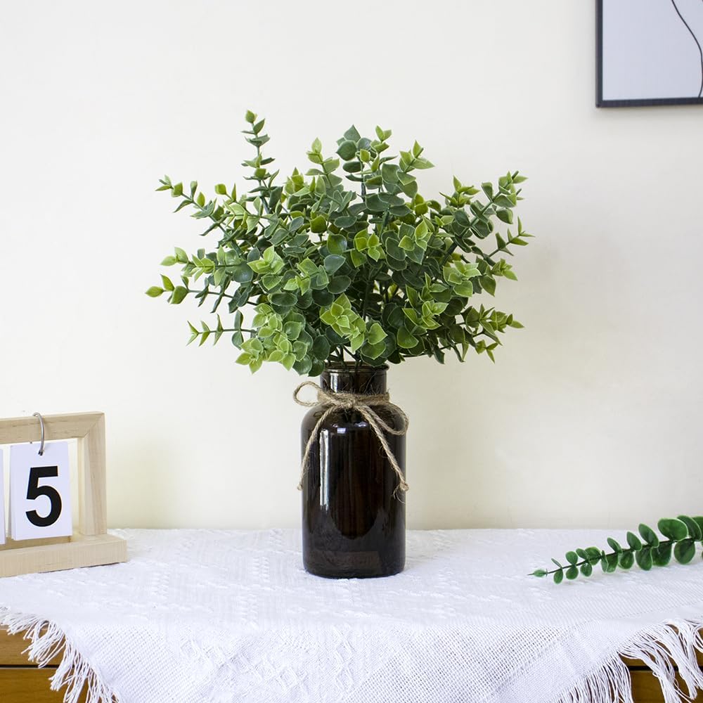 Fake Eucalyptus Stems in Black Glass Vase with Faux Water for Home Decor