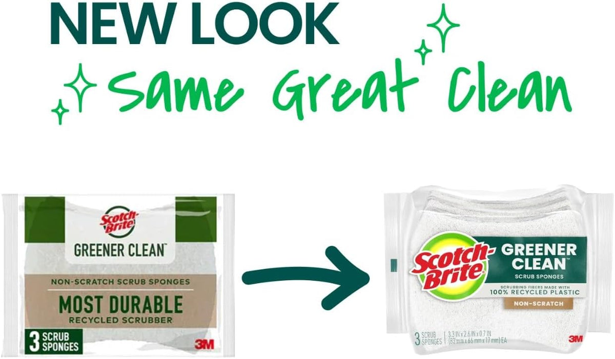 Scotch-Brite Greener Clean Non-Scratch Scrub Sponge, Sponge for Washing Dishes, Cleaning Kitchen, Superior Performance and Made with Sustainable Materials, Dishwasher Safe, 3 Scrub Sponges (Pack of 2)