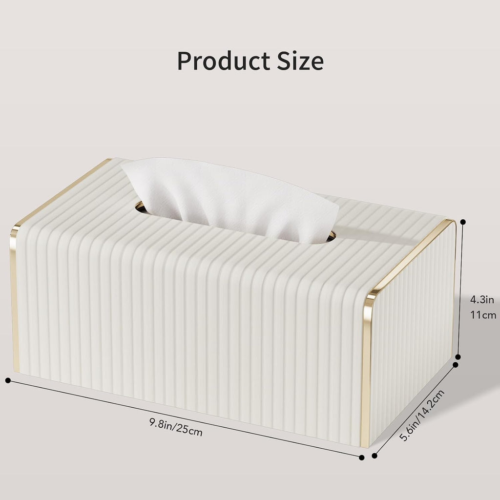 Tissue Box Cover,White Rectangle Leather Tissue Box Holder with Gold-Tone Edging Decoration,Decorative Tissue Cover for Bathroom Toilet Bedroom Living Room Table Desk Office (White, Rectangle)