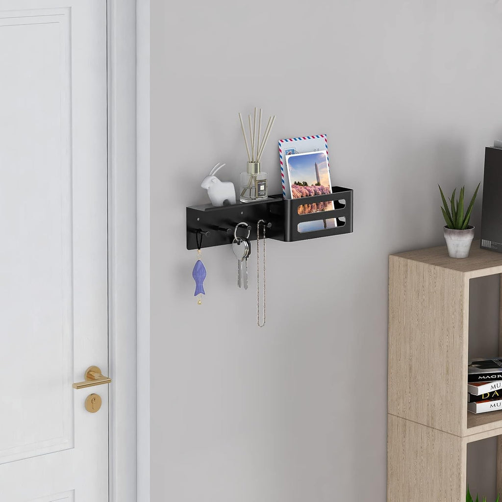 MKO Key Holder Wall Mount, Adhesive Key Hanger with 4 Hooks for Wall, Black
