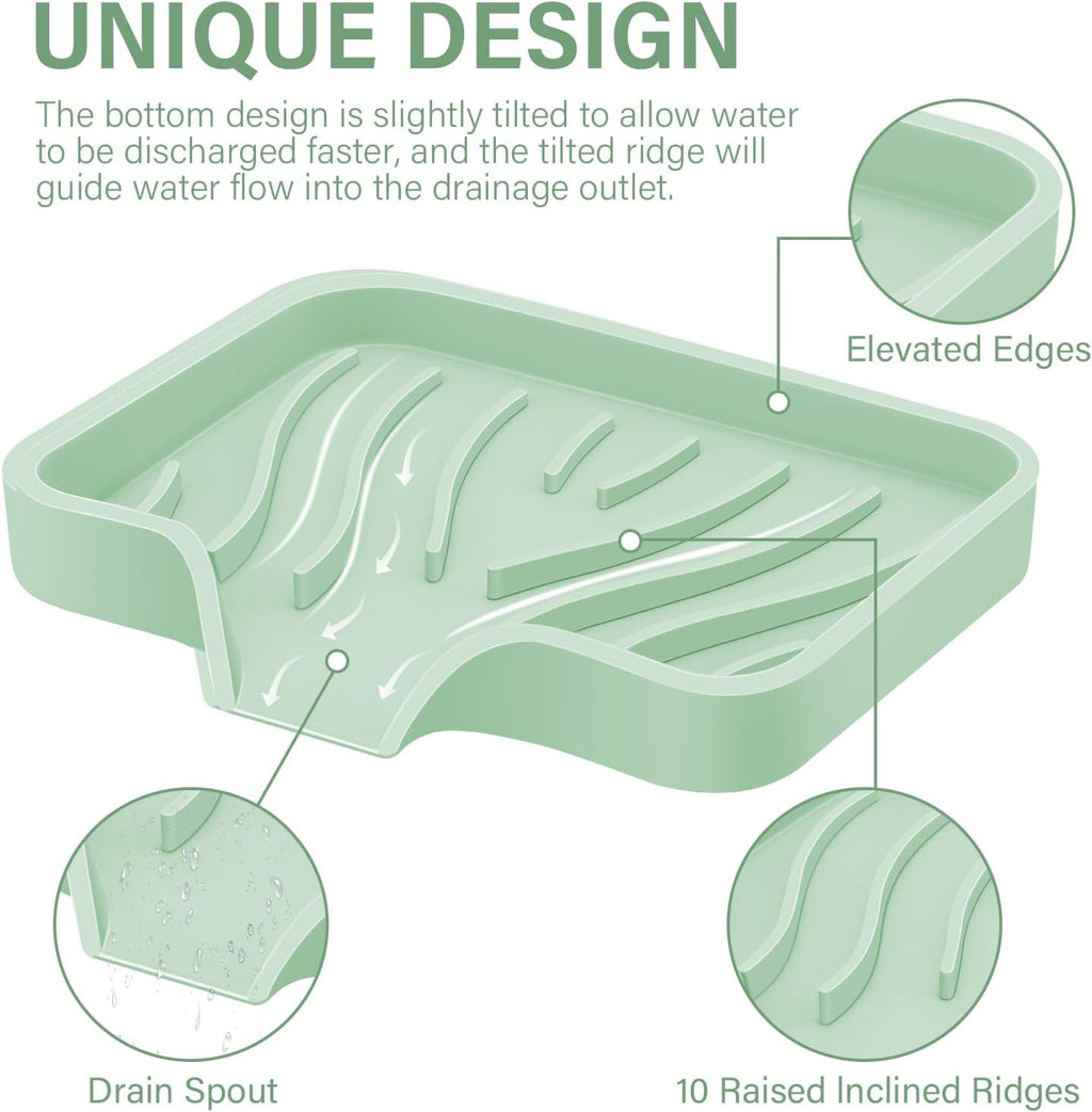 Silicone Soap Dish with Drain, SAISN Kitchen Soap Tray for Shower 2 Pack Self Draining Soap Dish Soft Bathroom Soap Holder for Kitchen Sink Flexible Portable Soap Saver, Light Green