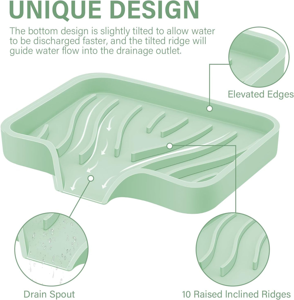 Silicone Soap Dish with Drain, SAISN Kitchen Soap Tray for Shower 2 Pack Self Draining Soap Dish Soft Bathroom Soap Holder for Kitchen Sink Flexible Portable Soap Saver, Light Green