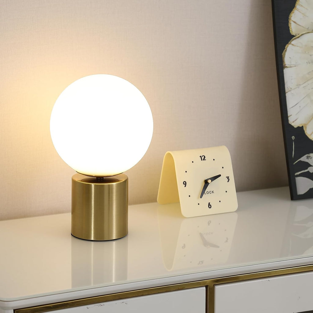 Modern Mid Century Gold Globe Table Lamp Set of 2, Round Bedside Nightstand Lamp with White Glass Shade Metal Base Desk Lamp for Bedroom Living Room End Table