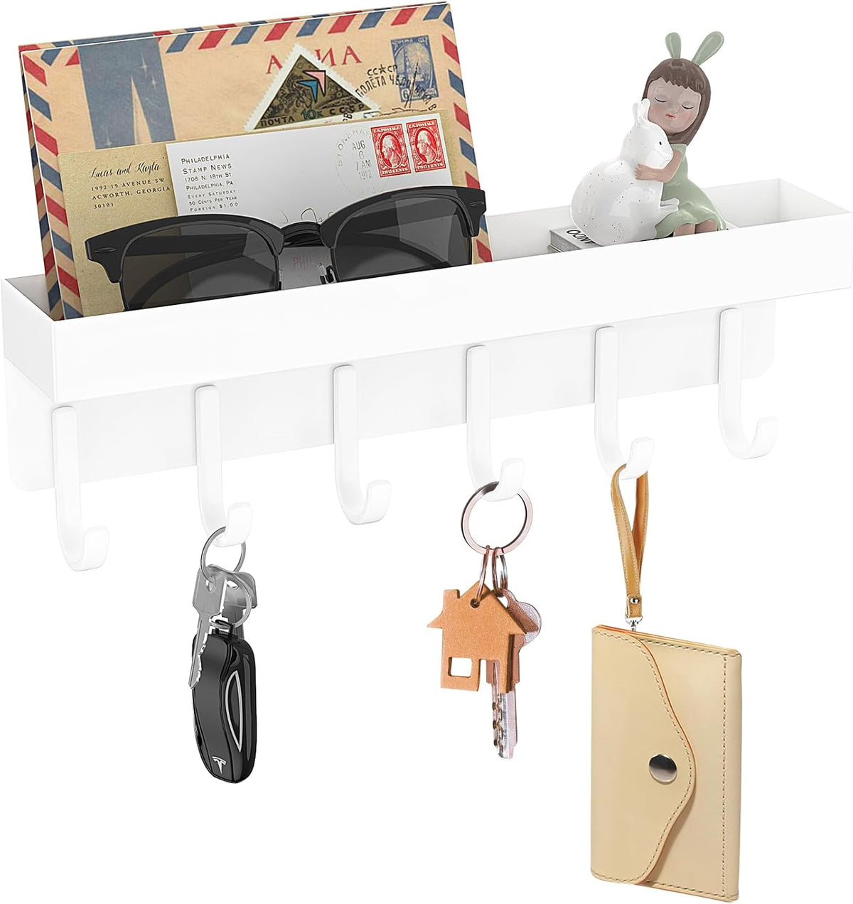 Magnetic Key Holder, Wall Mount Key Rack with Shelf, 9.65 in, White