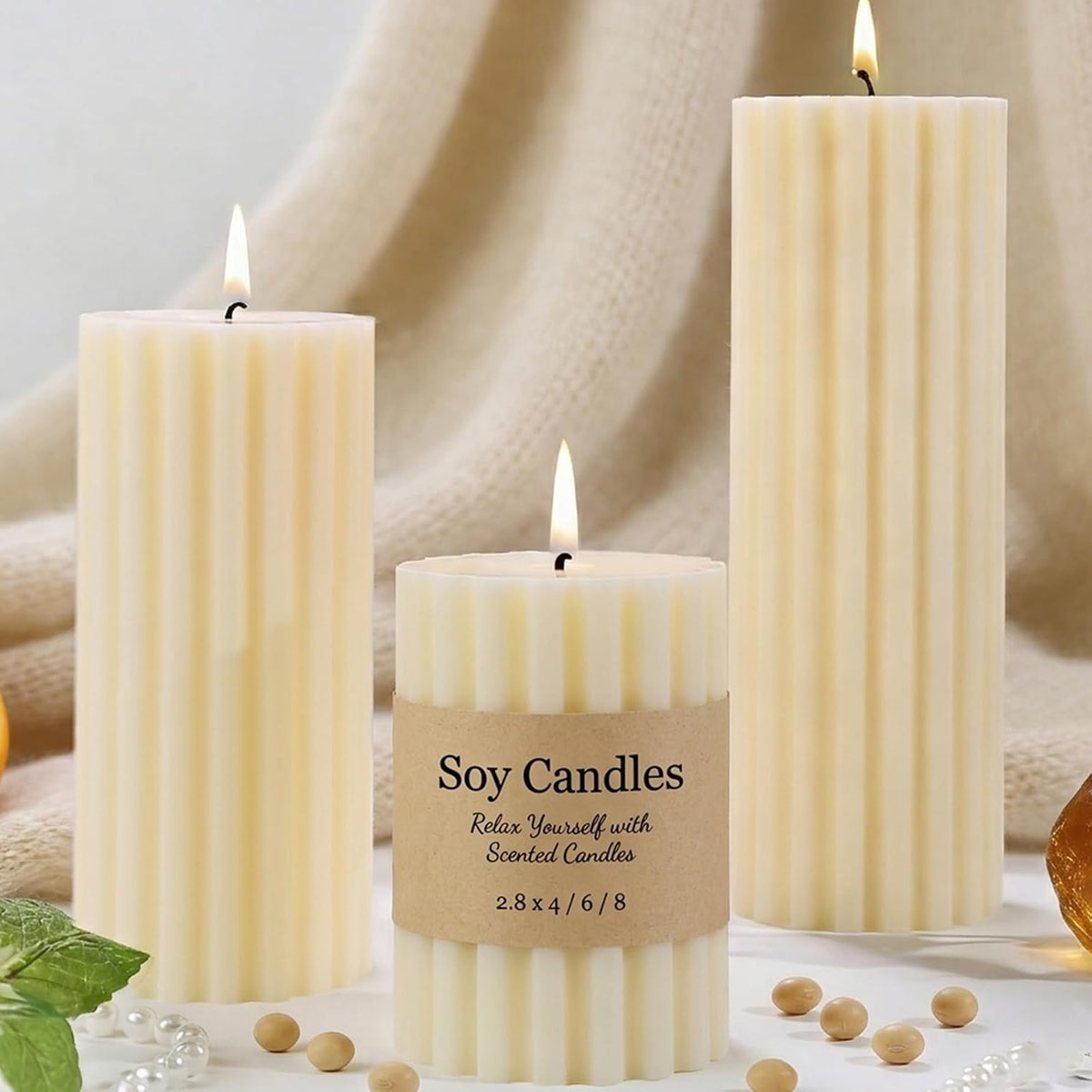 Ribbed Soy Pillar Candles,Set of 3,Cashmere Amber Scented