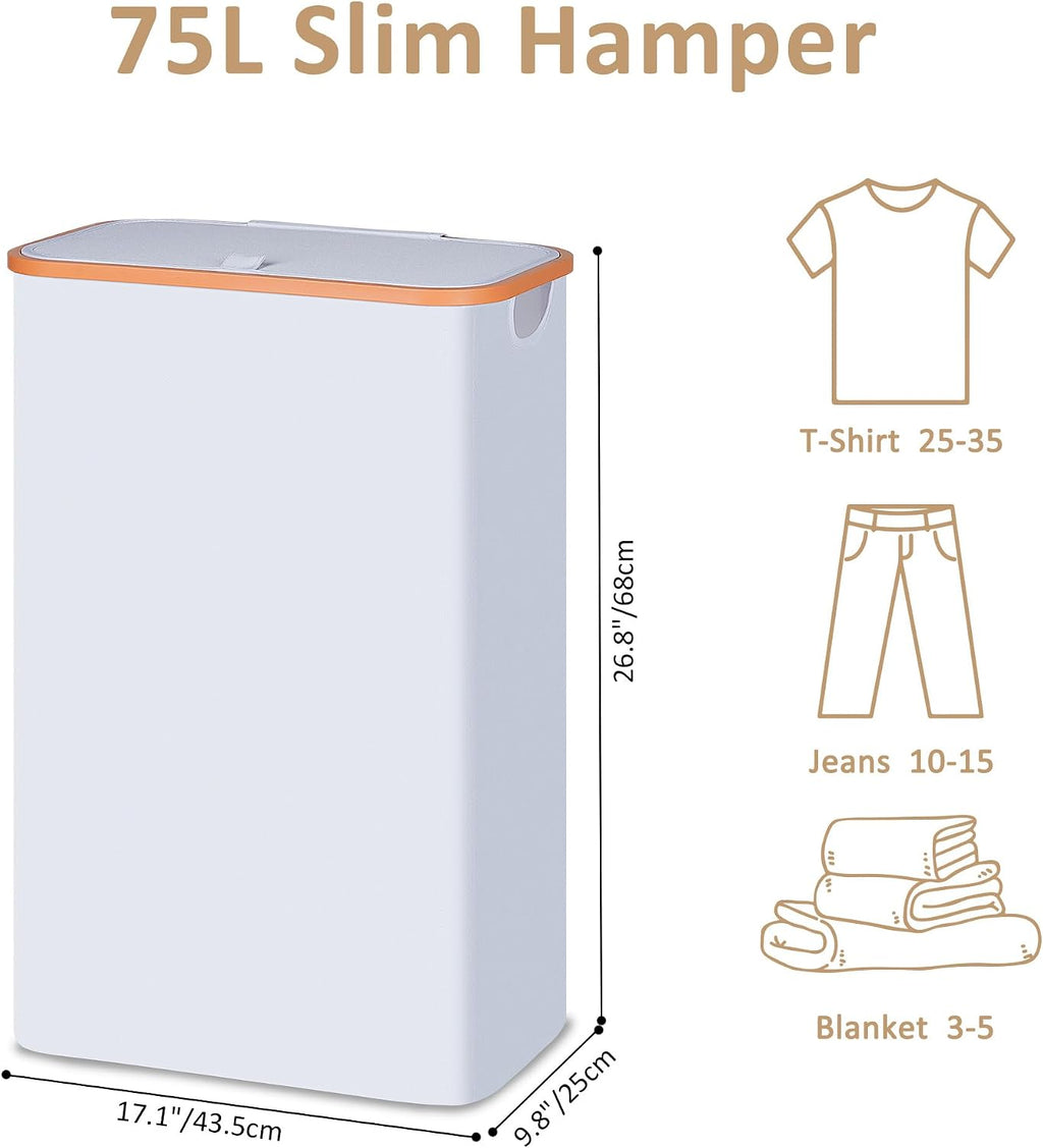 Vincona Slim Laundry Basket with Lid, Narrow Dirty Clothes Hampers for Laundry with Handle, Skinny Laundry Bin for Laundry Room, Dorm, Bedroom and Bathroom, 19.8 Gallon (75L) White