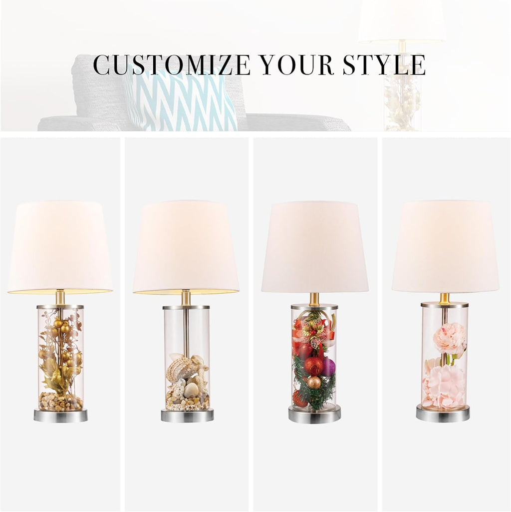 Globe Electric 67155 Maya 21" Fillable Table Lamp, Clear Glass and Steel Base, White Fabric Shade