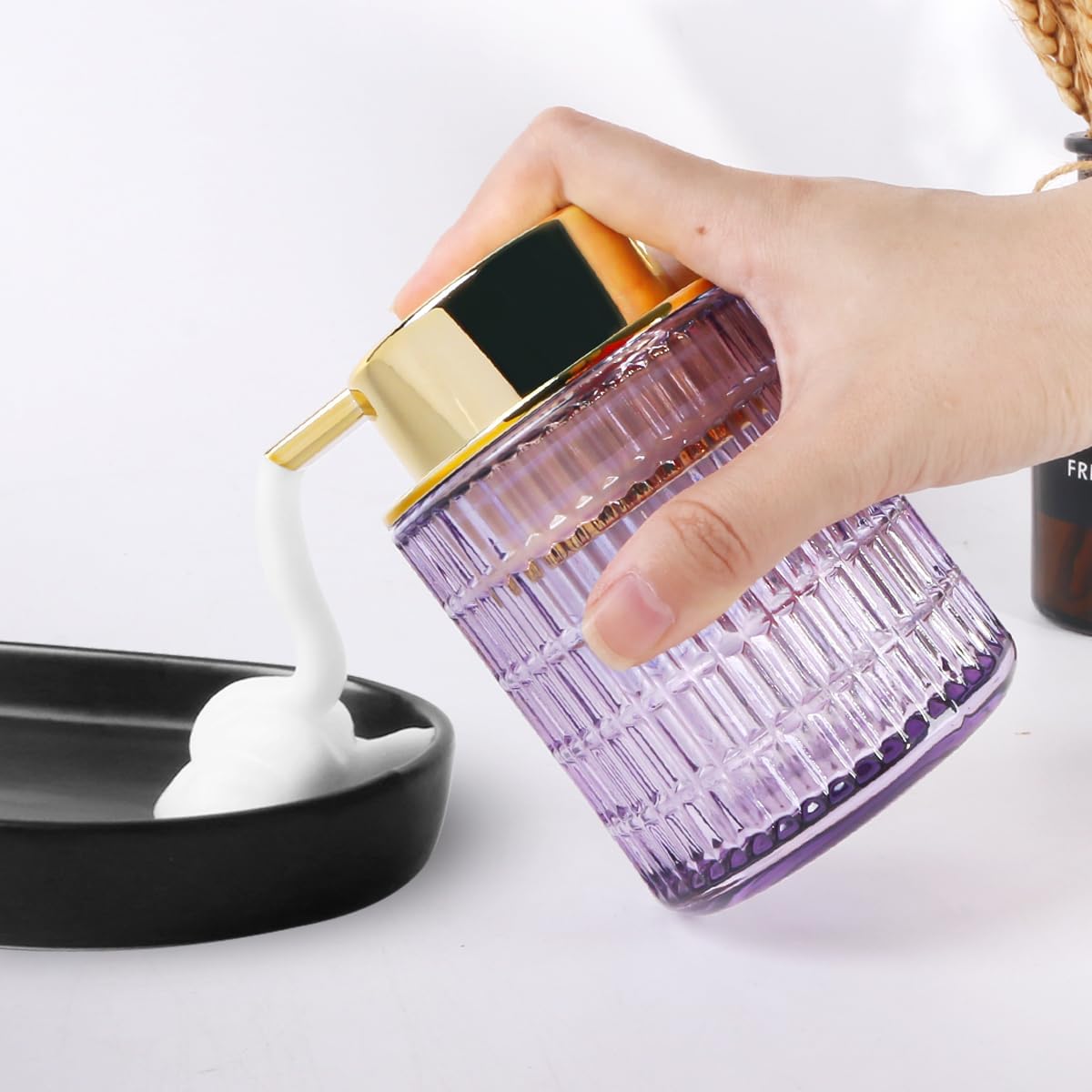 Foaming Soap Dispenser,10 Oz Glass Foam Hand Soap Dispenser for Bathroom and Kitchen,Refillable Foaming Pump Bottle with Large Pump,Modern Striped Dish Soap Foam Dispenser (1, Purple)