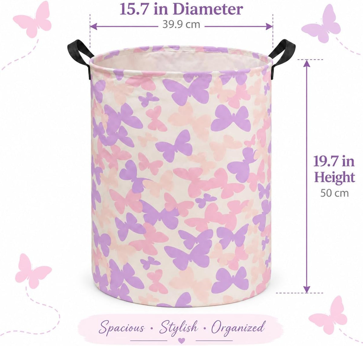 Collapsible Kids Laundry Basket Clothes Hamper, Foldable Storage Organizer Bin, Toy Clothes Storage with Handles for Boys Girls Bedroom, Room Decor Butterfly
