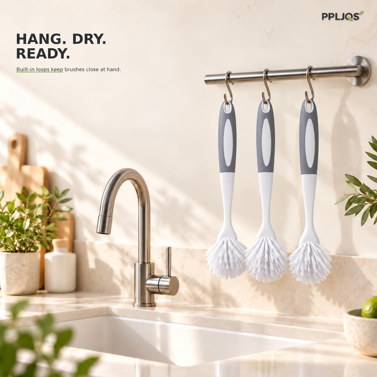 Dish Brush Scrub Brush with Handle - 3 Pack Stiff Bristles Dish Scrubber for Cleaning Dishes, Pots, Pans, Sink, Cast Iron - Hard Bristles,No Residue (Gray)