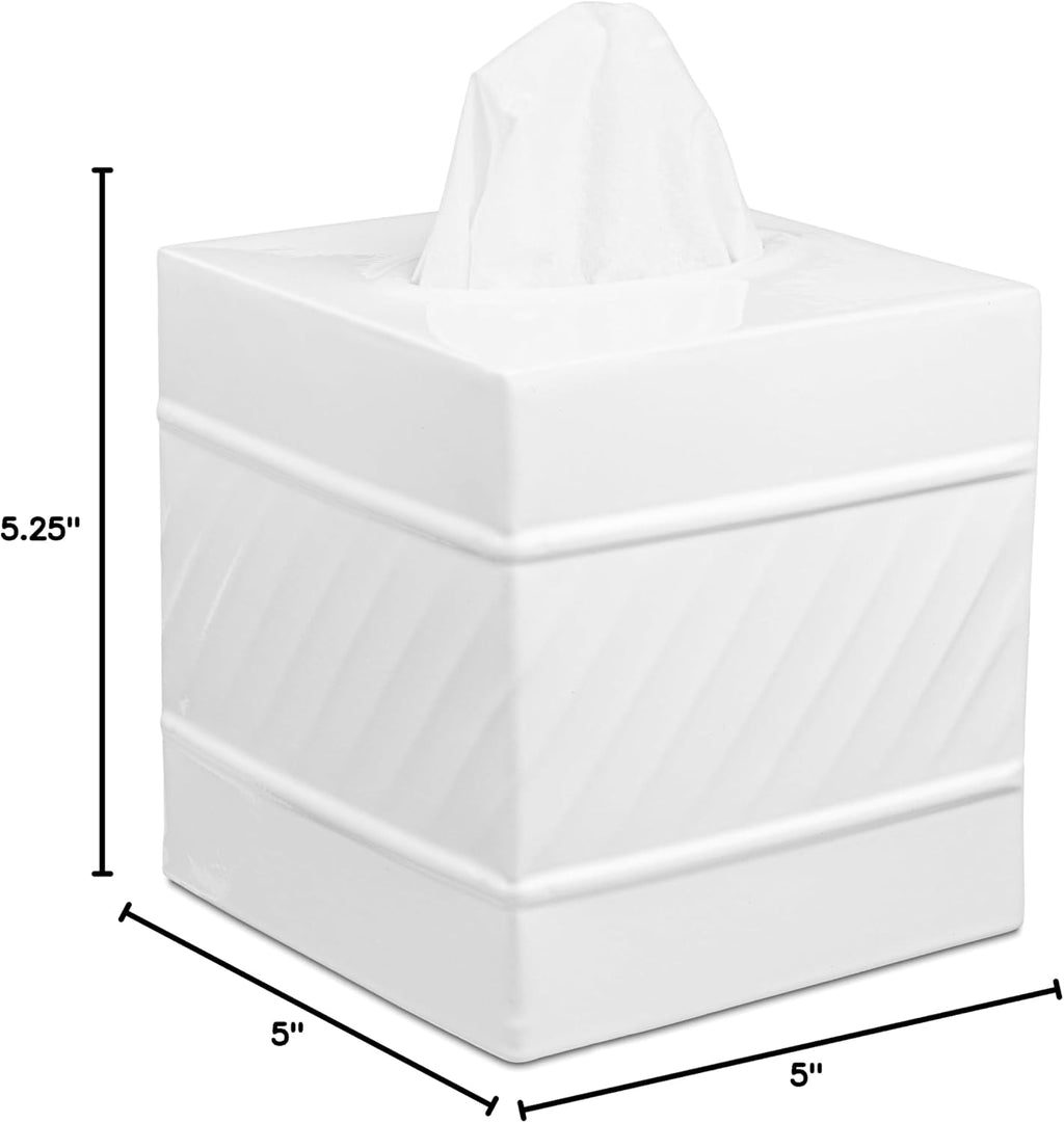 Monarch Abode Tissue Box Cover Square – Handcrafted Wave Embossed White Metal Tissue Holder Box for Bathroom Accessory, Aesthetic Decorative Facial Napkin Cube for Modern Home Decor