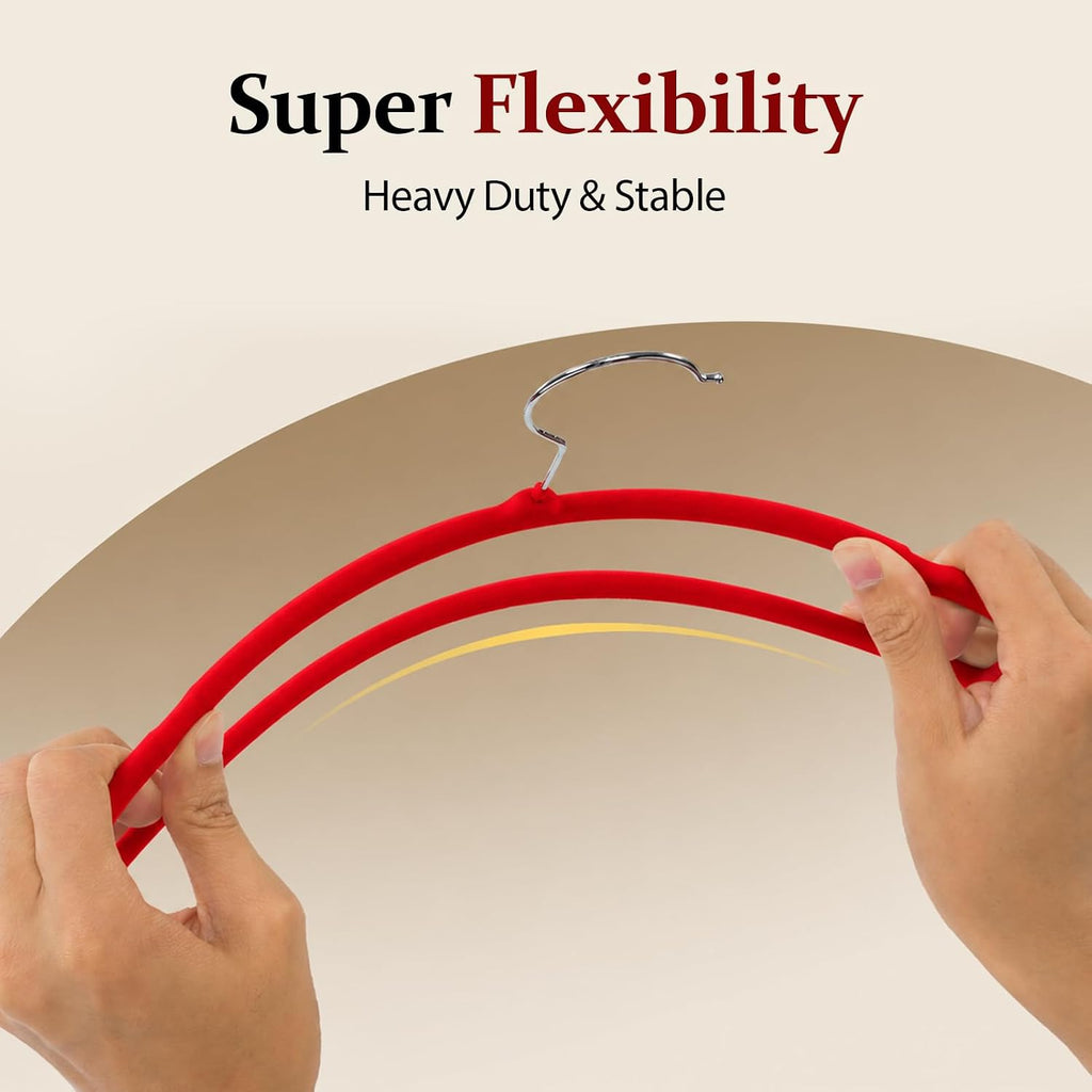 Velvet Felt Pants Hangers 30 Pack, with Cascading Hooks (Red)