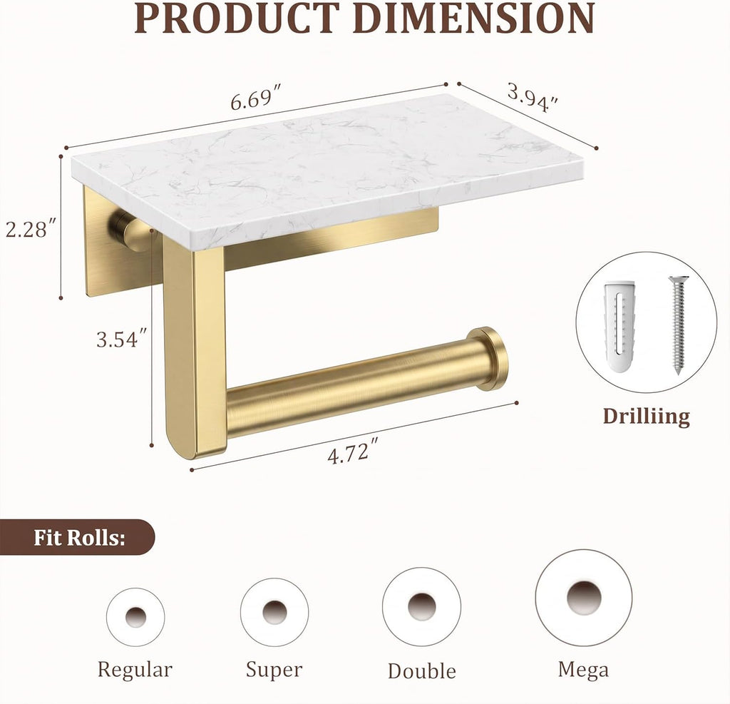 BWE Brushed Gold Toilet Paper Holder with Marble Shelf Wall Mounted