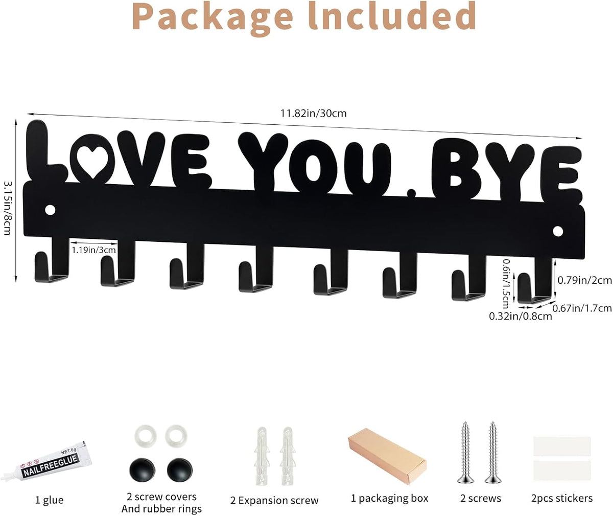 Key Holder for Wall, Key Hooks with 8 Hooks, Key Holder Wall Mount Self Adhesive, Key Rack for Wall No Drill for Entryway, Front Door, Hallway, Living Room (Black-Love You Bye)