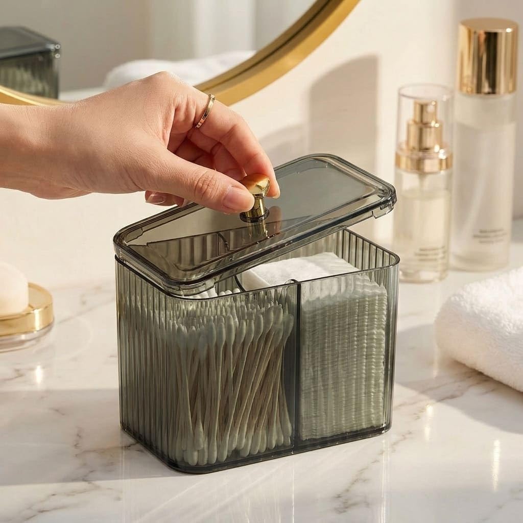 1 Pack 3-Section Clear Qtip Holder with Dustproof Lid, Bathroom Cotton Ball and Qtip Organizer, Cotton Swab Container for Vanity Canisters Jars for Countertop Storage and Organization (Clear-Green)