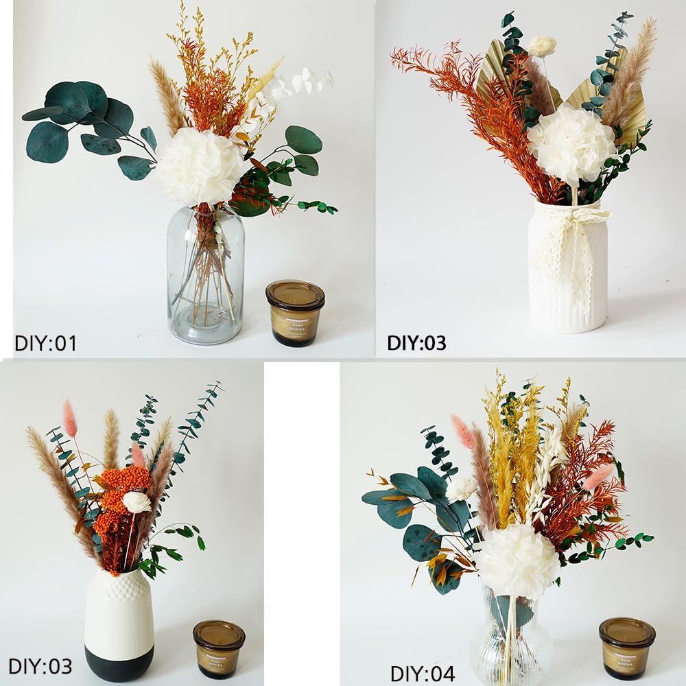 Natural Dried Pampas Grass Dried Bouquet with Orange Millet Flower & White Hydrangea , Fall Flower Arrangement with Green Eucalyptus Leaves,Bohemian DIY Dried Flowers for Wedding, Home& Office Decor