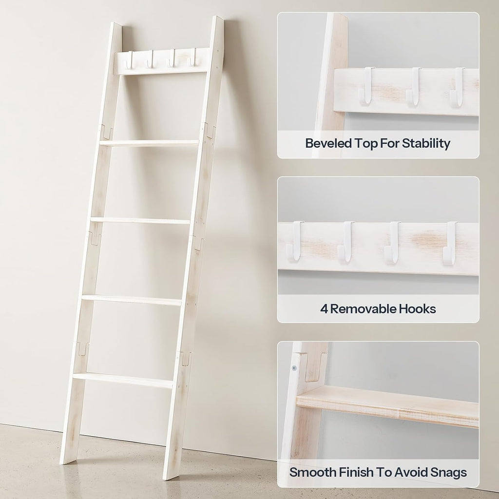 HOOBRO Blanket Ladder for Living Room and Bedroom, 5-Tier Wall Leaning Towel Rack for Bathroom, Decorative Ladder Shelf with 4 Removable Hooks, Farmhouse Blanket Storage, White WW51CJ01G1