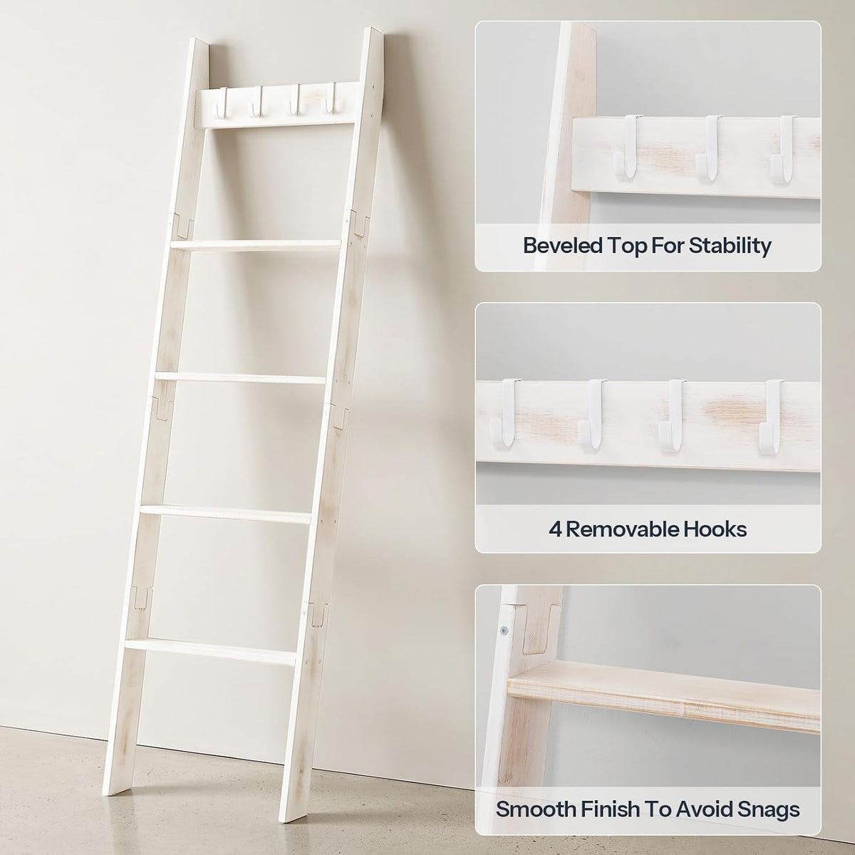 HOOBRO Blanket Ladder for Living Room and Bedroom, 5-Tier Wall Leaning Towel Rack for Bathroom, Decorative Ladder Shelf with 4 Removable Hooks, Farmhouse Blanket Storage, White WW51CJ01G1