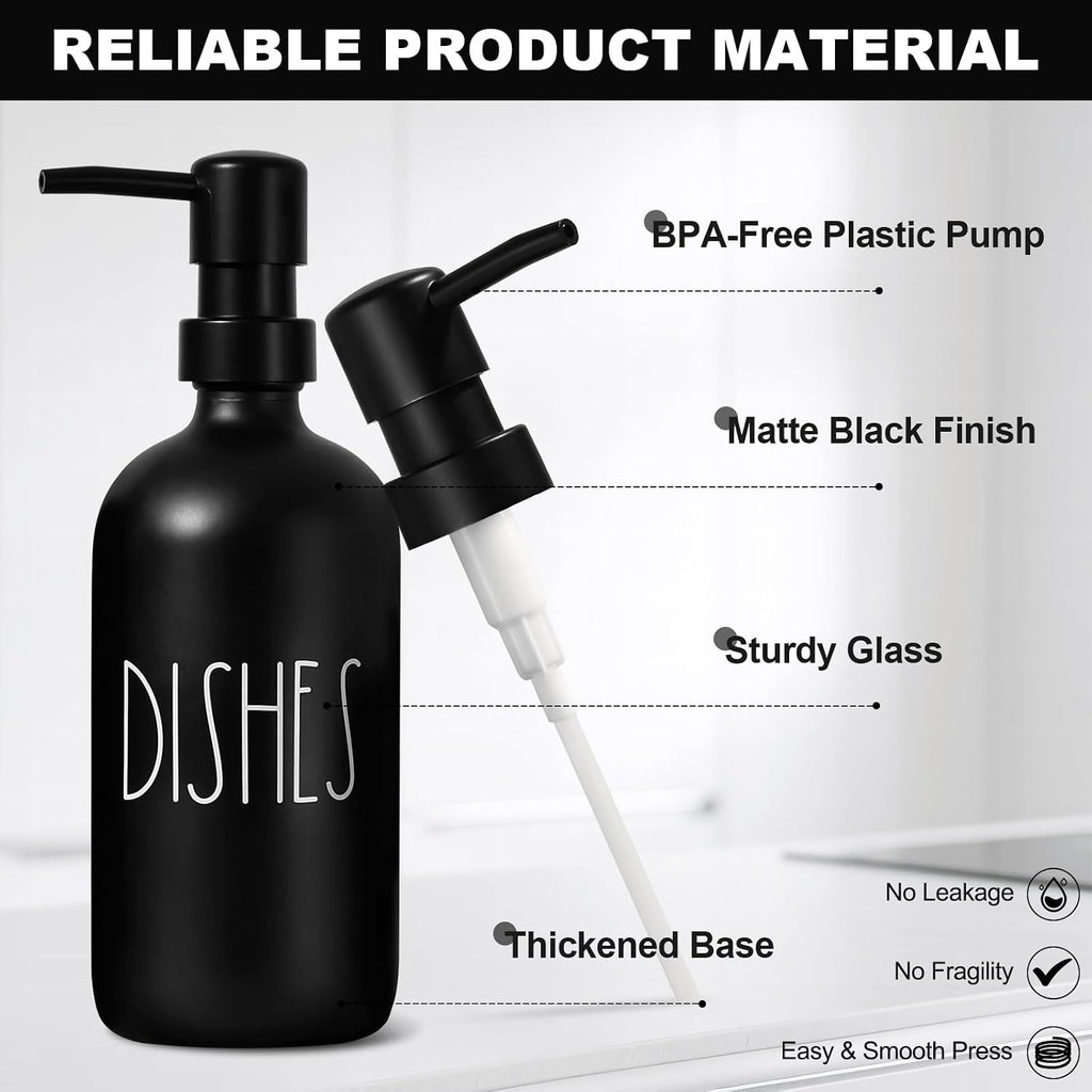 Hand and Dish Soap Dispenser Set, Kitchen Soap Dispenser Set with Sponge Holder, Black Glass Dish Soap Dispenser for Kitchen with Pump, Instant Dry Tray, 17 fl oz Farmhouse Kitchen Decor