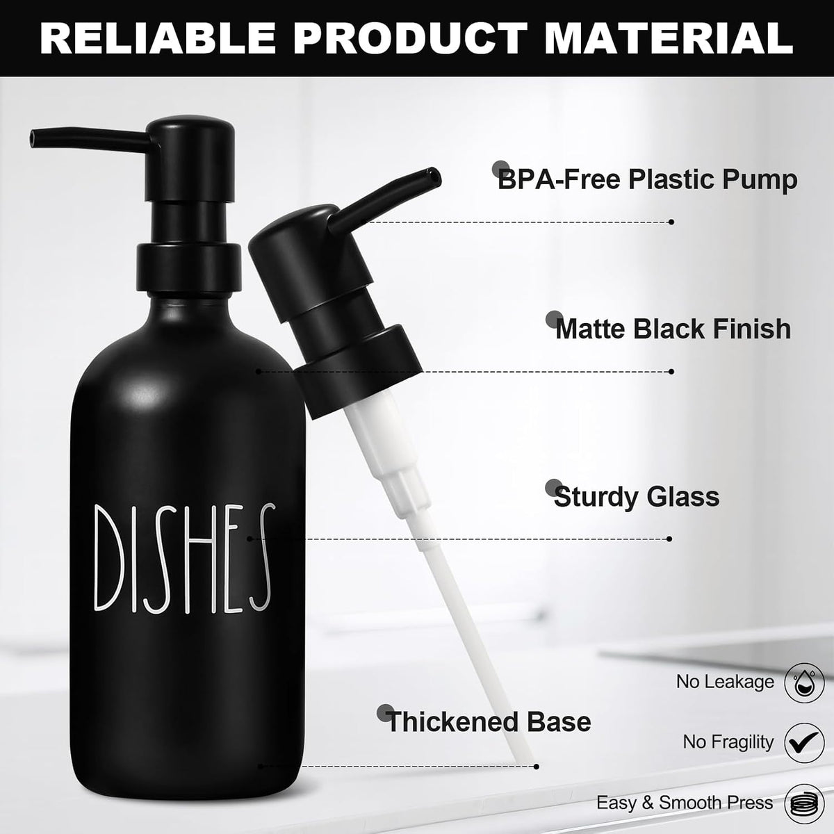 Hand and Dish Soap Dispenser Set, Kitchen Soap Dispenser Set with Sponge Holder, Black Glass Dish Soap Dispenser for Kitchen with Pump, Instant Dry Tray, 17 fl oz Farmhouse Kitchen Decor