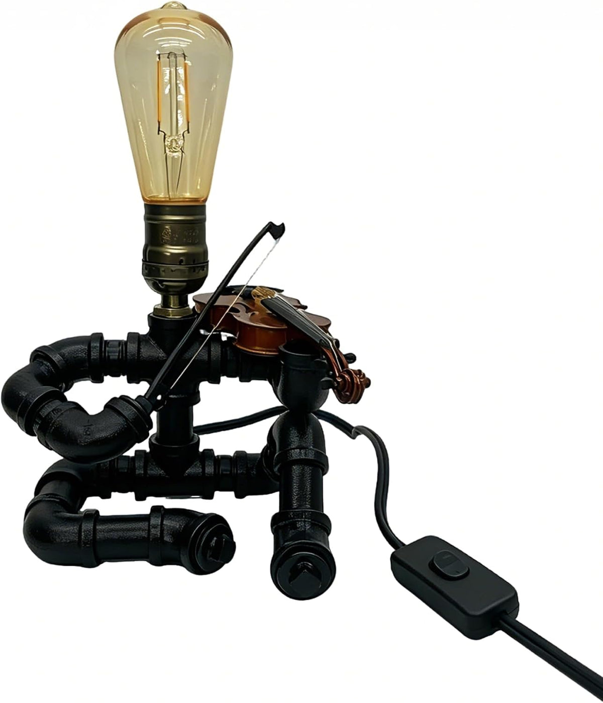 Industrial Pipe Violinist Table Lamp, Black Metal