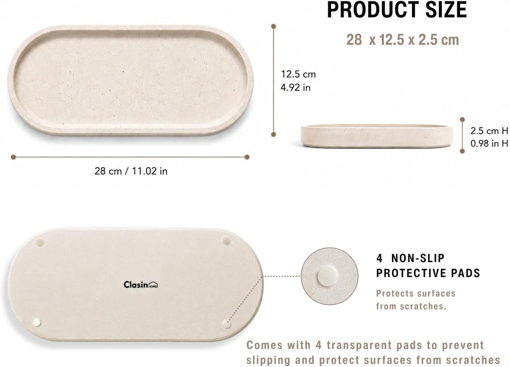Clasin Home Vanity Tray for Bathroom Counter, Travertine-Look Decorative Tray for Perfume Jewelry Candle, Non-Slip Decor Organizer for Kitchen Countertop, Dresser, Coffee Table (11 x 4.9 Inch)
