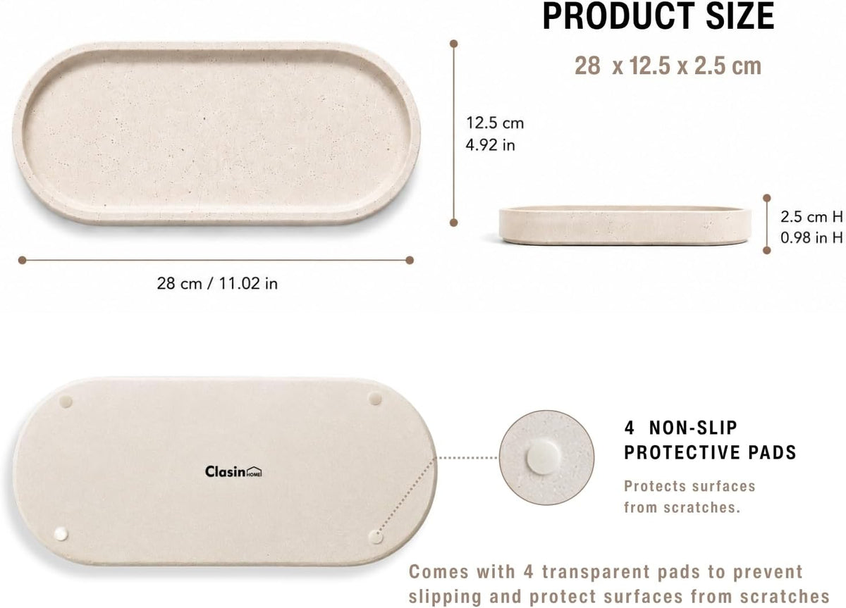 Clasin Home Vanity Tray for Bathroom Counter, Travertine-Look Decorative Tray for Perfume Jewelry Candle, Non-Slip Decor Organizer for Kitchen Countertop, Dresser, Coffee Table (11 x 4.9 Inch)