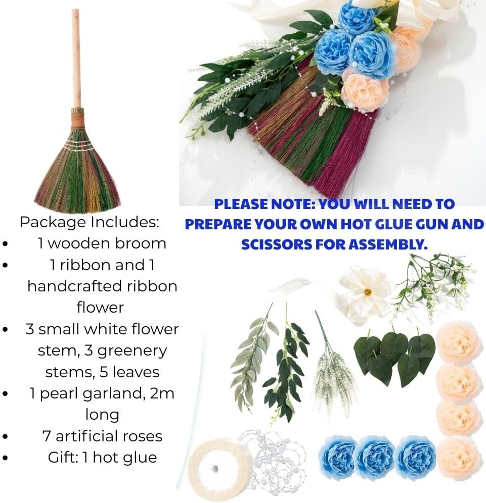 Elegant Wedding Brooms Bride Bridegroom, Jumping The Broom for Wedding, Natural Whisk Broom with Ribbons, Artificial Pearl, Leaves,Roses for Decorative