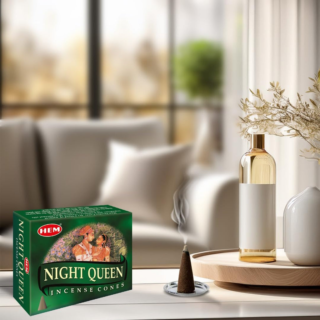 Hem Night Queen Incense Cones – Case of 12 Boxes (10 Cones Each) | Exotic Floral Aroma for Calmness, Positivity & Romance | Handcrafted Natural Cones for Meditation, Relaxation & Home Fragrance