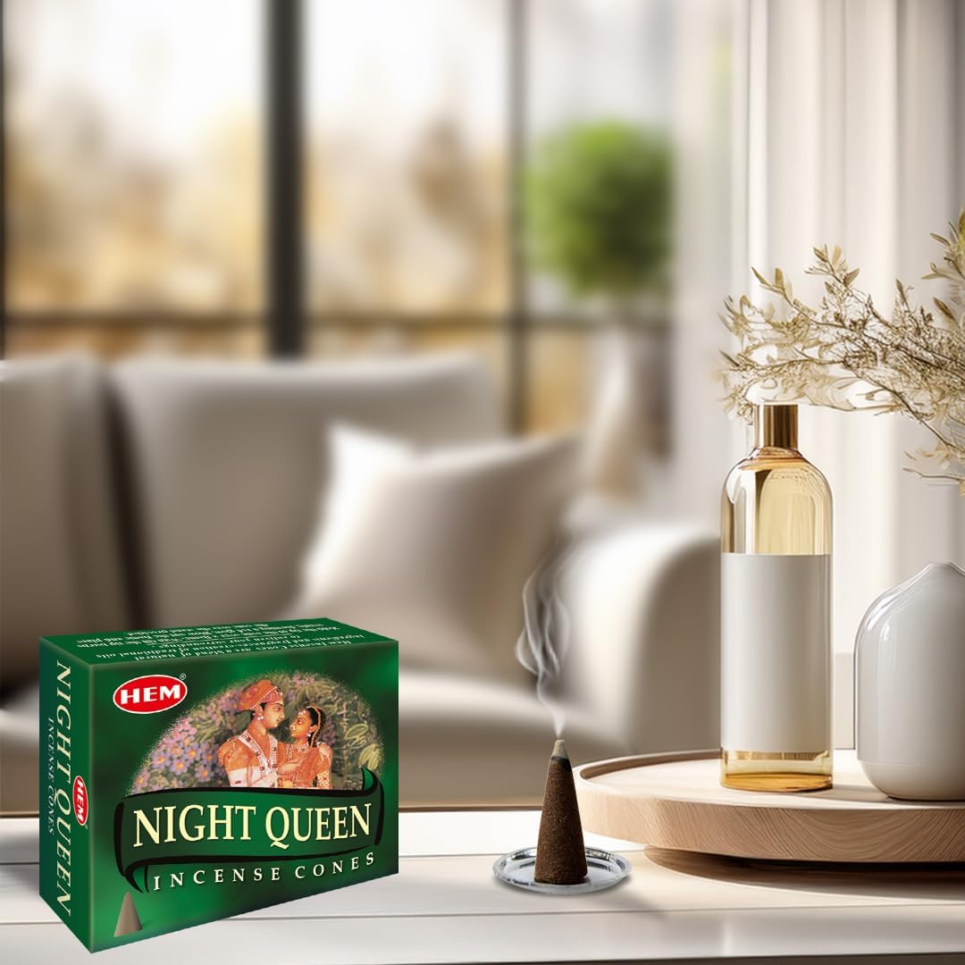 Hem Night Queen Incense Cones – Case of 12 Boxes (10 Cones Each) | Exotic Floral Aroma for Calmness, Positivity & Romance | Handcrafted Natural Cones for Meditation, Relaxation & Home Fragrance