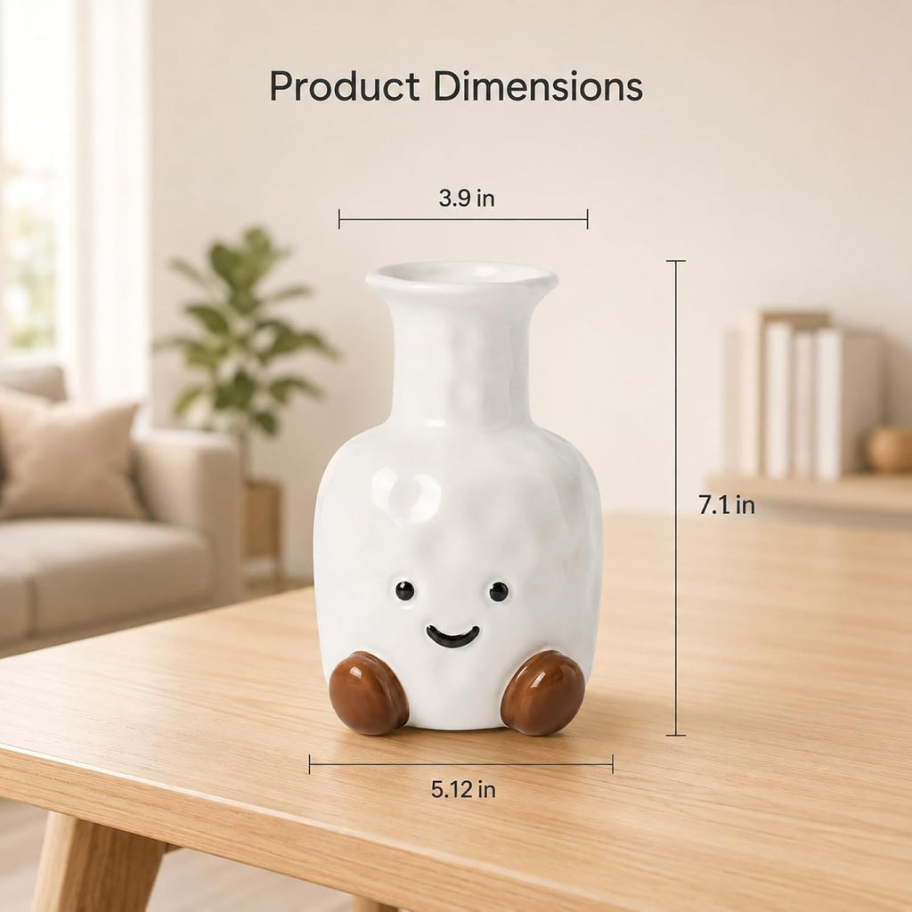 Cute Flower Vase, White Ceramic Smiley Face Vase for Home Decor & Gifts