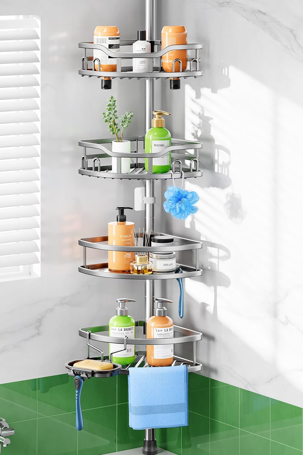 HAMITOR Shower Caddy Tension Pole: Rustproof Quick Install Standing Corner Bathroom Organizer Shelf on Floor for Renters - 4-Tier Large Capacity Storage Rack with Soap Holder for Apartment -Silver