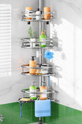 HAMITOR Shower Caddy Tension Pole: Rustproof Quick Install Standing Corner Bathroom Organizer Shelf on Floor for Renters - 4-Tier Large Capacity Storage Rack with Soap Holder for Apartment -Silver