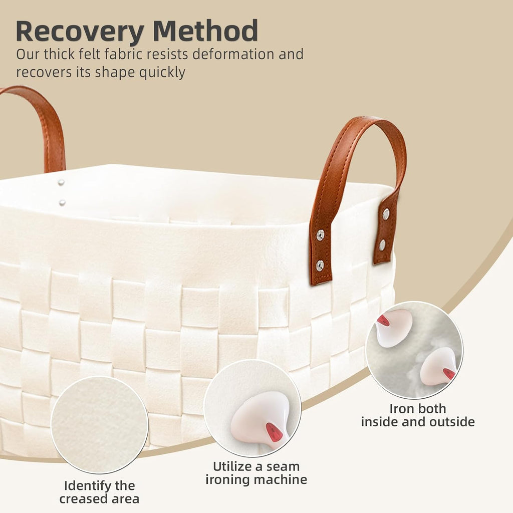 boldmonkey Blankets Basket 15 " x13 x11 2 Pack, Large Rectangular Laundry Hamper with Leather Handle, Soft Dog Toy Basket for Storage-Beige